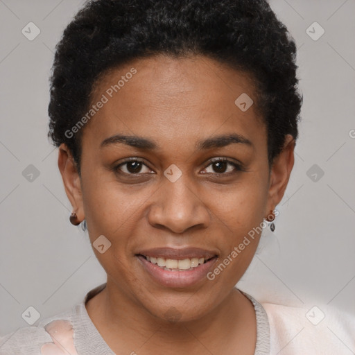 Joyful black young-adult female with short  black hair and brown eyes