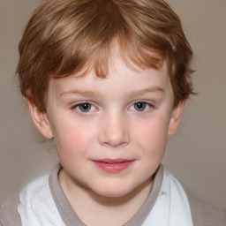 Joyful white child female with medium  brown hair and blue eyes