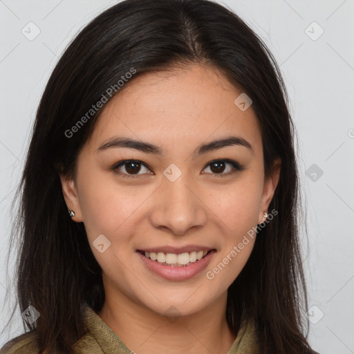 Joyful white young-adult female with long  brown hair and brown eyes