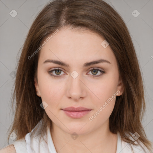 Neutral white young-adult female with medium  brown hair and brown eyes