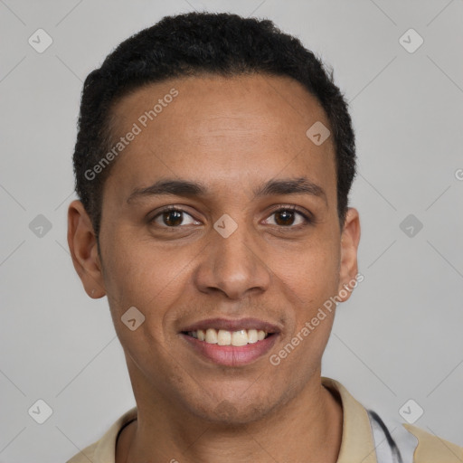 Joyful latino young-adult male with short  black hair and brown eyes