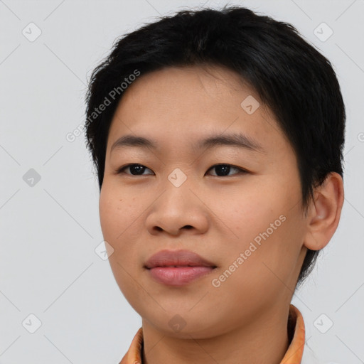 Joyful asian young-adult female with short  brown hair and brown eyes