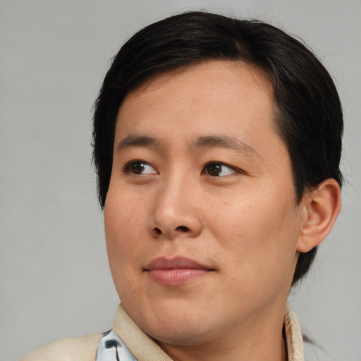 Neutral asian adult male with medium  brown hair and brown eyes