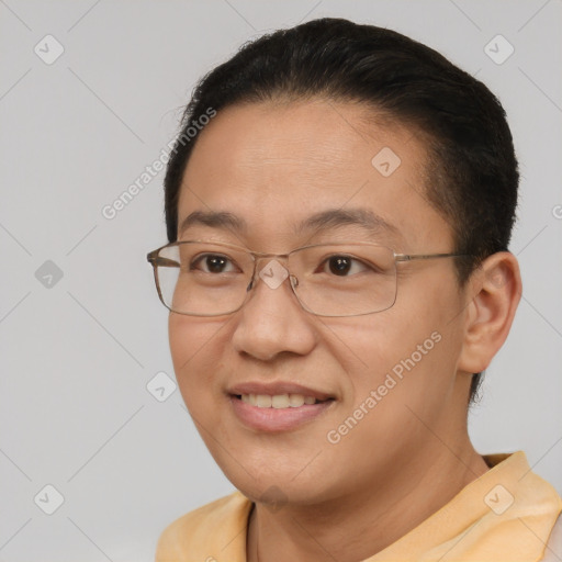 Joyful white adult female with short  brown hair and brown eyes