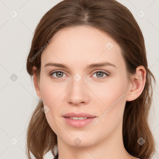 Neutral white young-adult female with medium  brown hair and grey eyes