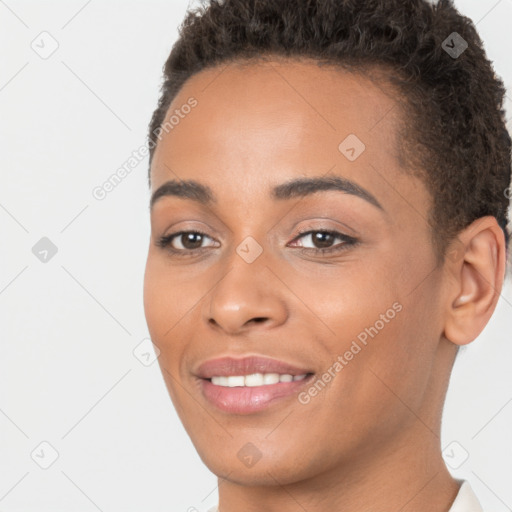 Joyful white young-adult female with short  brown hair and brown eyes