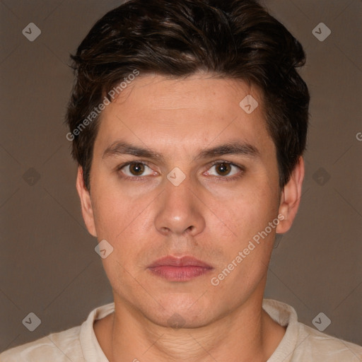 Neutral white young-adult male with short  brown hair and brown eyes