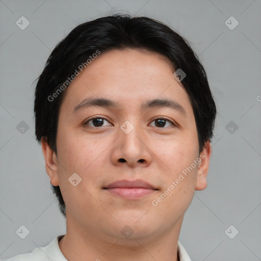 Neutral asian young-adult male with short  brown hair and brown eyes