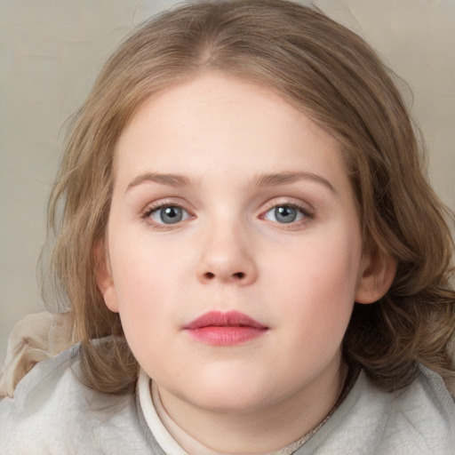 Neutral white child female with medium  brown hair and blue eyes