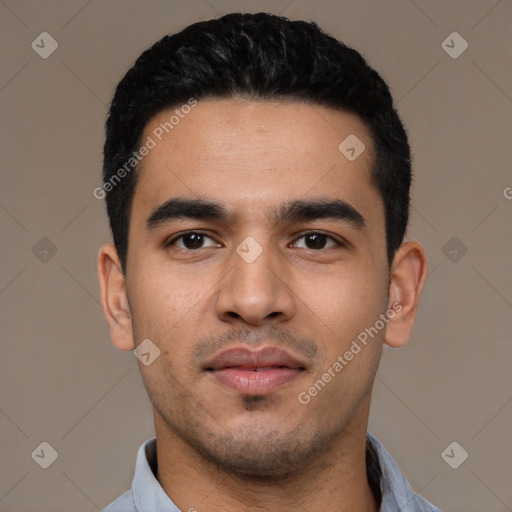 Neutral latino young-adult male with short  black hair and brown eyes