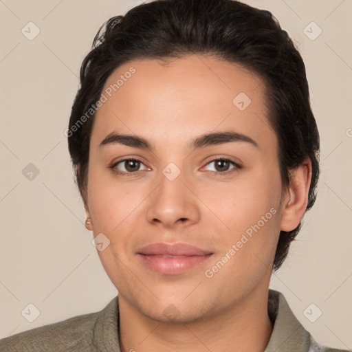 Joyful white young-adult female with short  brown hair and brown eyes