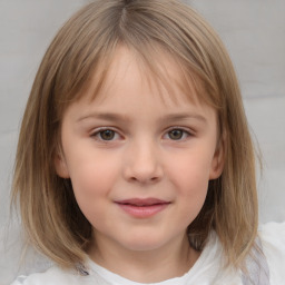 Joyful white child female with medium  brown hair and grey eyes