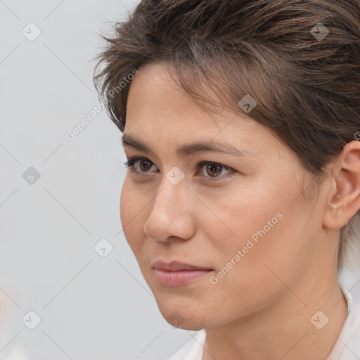 Neutral white young-adult female with medium  brown hair and brown eyes