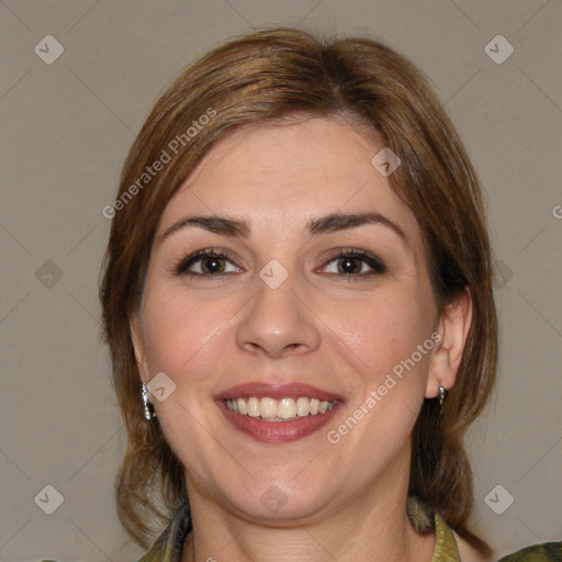 Joyful white young-adult female with medium  brown hair and brown eyes