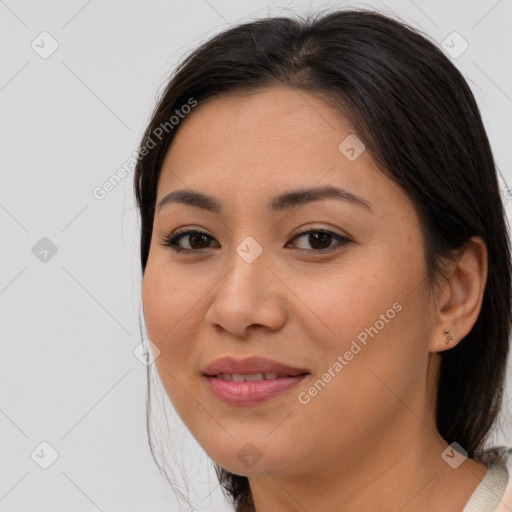 Joyful asian young-adult female with medium  brown hair and brown eyes