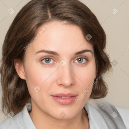 Joyful white young-adult female with medium  brown hair and green eyes