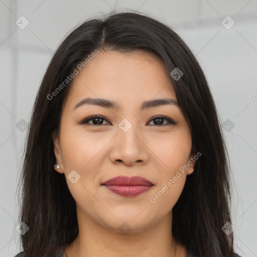 Joyful latino young-adult female with long  brown hair and brown eyes