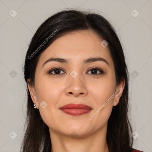 Joyful white young-adult female with long  brown hair and brown eyes