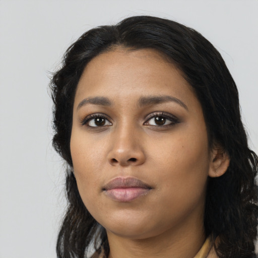 Neutral asian young-adult female with long  black hair and brown eyes
