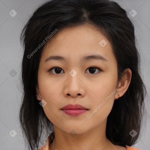 Neutral asian young-adult female with medium  brown hair and brown eyes