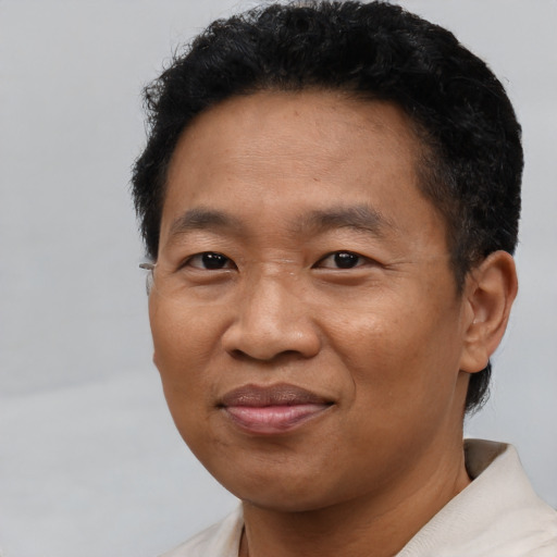 Joyful asian adult male with short  black hair and brown eyes