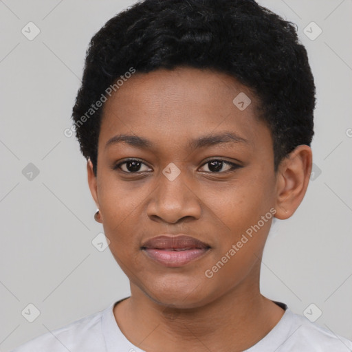 Joyful black young-adult female with short  black hair and brown eyes