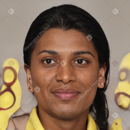 Joyful latino young-adult female with medium  brown hair and brown eyes