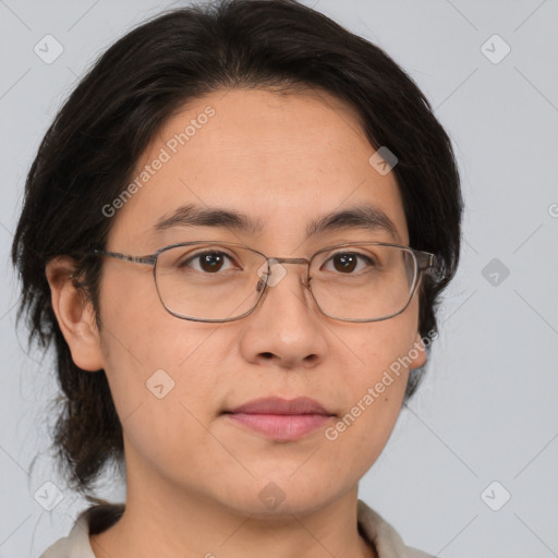 Joyful white adult male with medium  brown hair and brown eyes