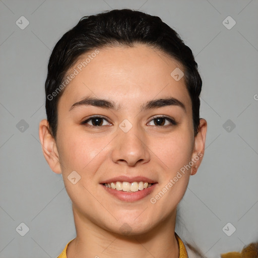 Joyful white young-adult female with short  brown hair and brown eyes