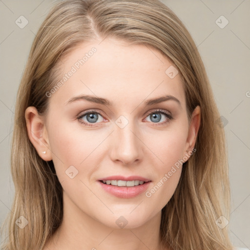 Joyful white young-adult female with long  brown hair and blue eyes