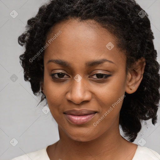 Joyful black young-adult female with medium  black hair and brown eyes