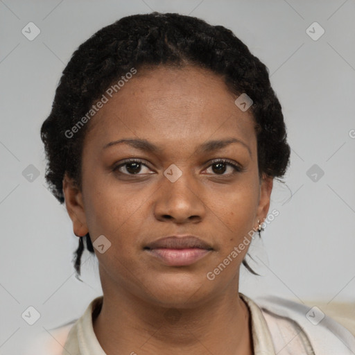 Neutral black young-adult female with short  black hair and brown eyes