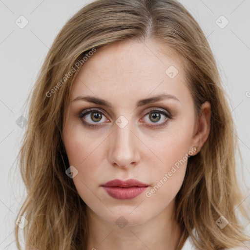 Neutral white young-adult female with long  brown hair and brown eyes