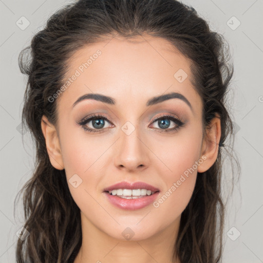 Joyful white young-adult female with long  brown hair and brown eyes