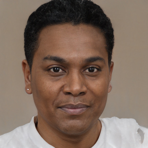 Joyful black young-adult male with short  black hair and brown eyes