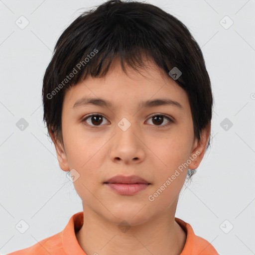 Neutral white young-adult female with short  brown hair and brown eyes