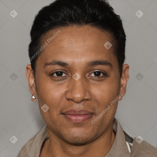 Joyful black adult female with short  brown hair and brown eyes