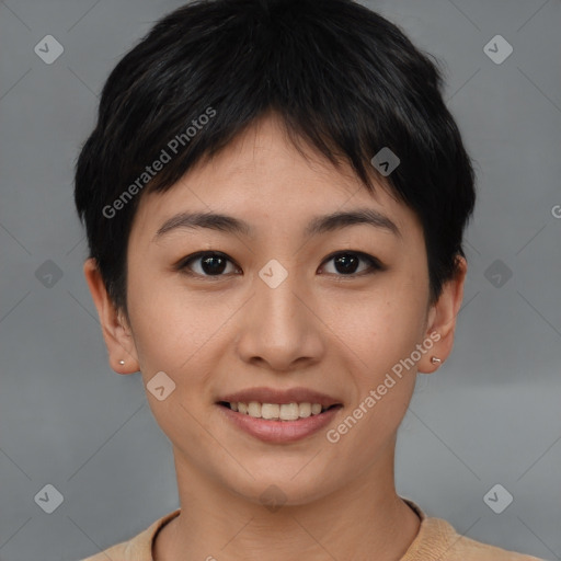 Joyful asian young-adult female with short  brown hair and brown eyes