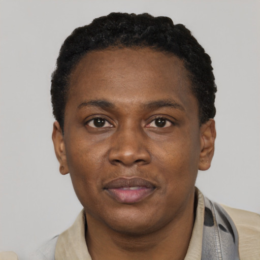 Neutral black adult male with short  black hair and brown eyes