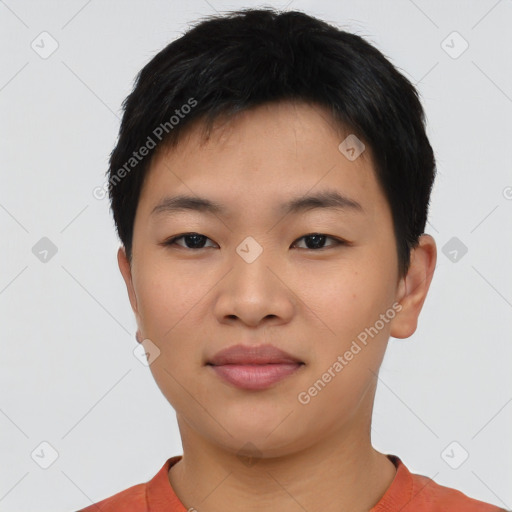 Neutral asian young-adult male with short  black hair and brown eyes