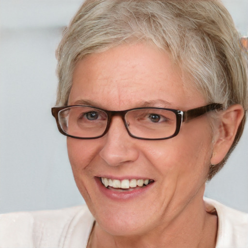 Joyful white middle-aged female with short  brown hair and blue eyes