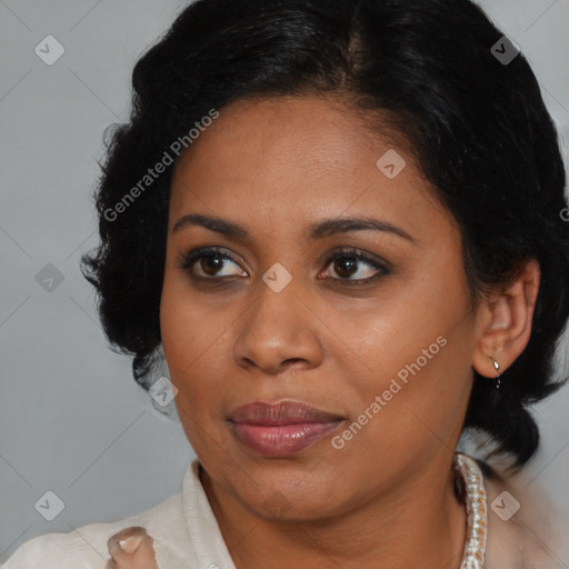 Joyful black young-adult female with medium  brown hair and brown eyes