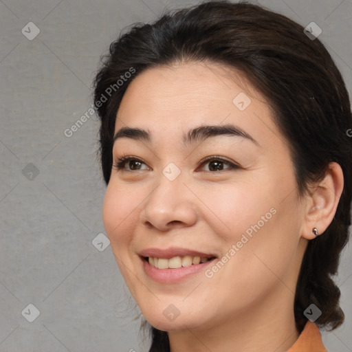 Joyful white young-adult female with medium  brown hair and brown eyes