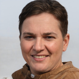 Joyful white adult female with short  brown hair and grey eyes