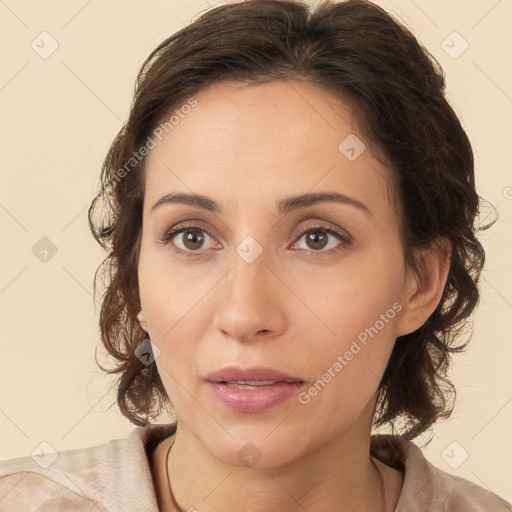 Neutral white young-adult female with medium  brown hair and brown eyes