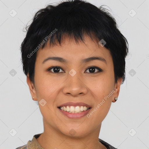 Joyful asian young-adult female with short  brown hair and brown eyes