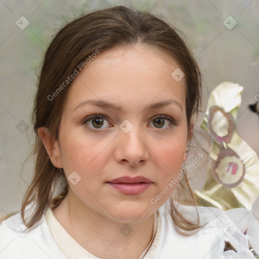 Joyful white child female with medium  brown hair and brown eyes