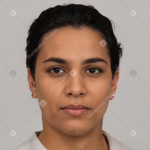 Neutral latino young-adult female with short  black hair and brown eyes