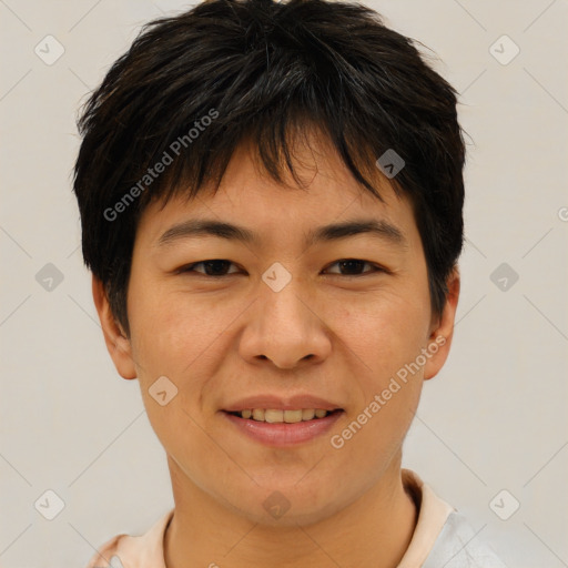 Joyful asian young-adult female with short  brown hair and brown eyes