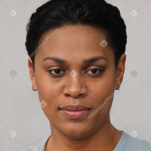 Joyful black young-adult female with short  black hair and brown eyes